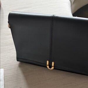 Structured Black Leather Shoulder Bag with Gold U Accent